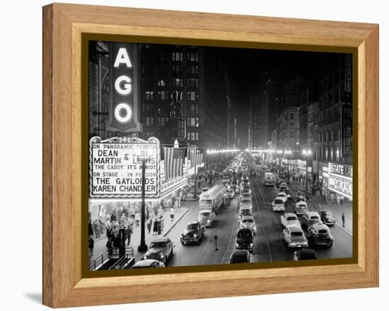 1953 Night Scene of Chicago, State Street with Traffic and Movie Marquee with Pedestrians-null-Framed Premier Image Canvas