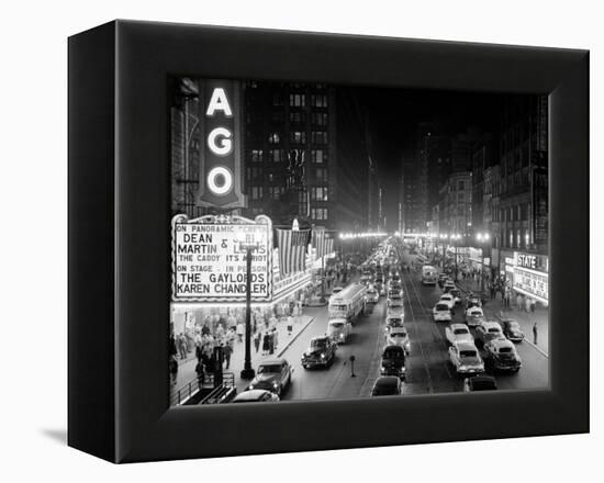 1953 Night Scene of Chicago, State Street with Traffic and Movie Marquee with Pedestrians-null-Framed Premier Image Canvas