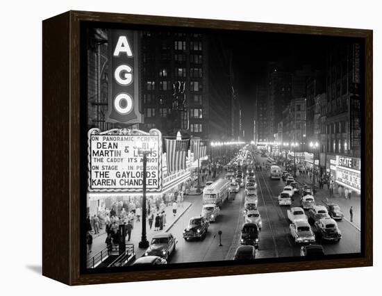 1953 Night Scene of Chicago, State Street with Traffic and Movie Marquee with Pedestrians-null-Framed Premier Image Canvas