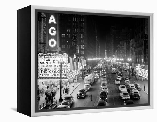 1953 Night Scene of Chicago, State Street with Traffic and Movie Marquee with Pedestrians-null-Framed Premier Image Canvas