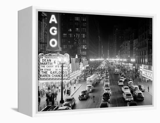 1953 Night Scene of Chicago, State Street with Traffic and Movie Marquee with Pedestrians-null-Framed Premier Image Canvas