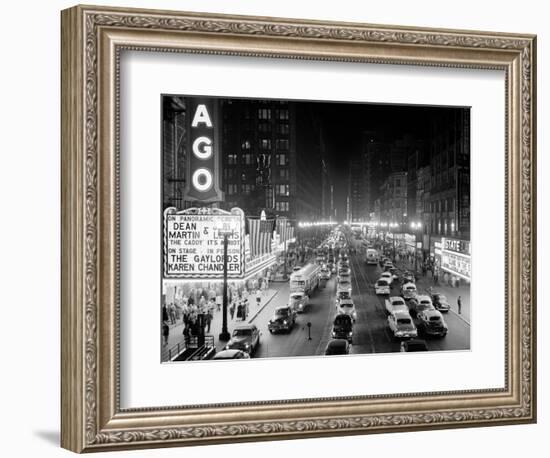 1953 Night Scene of Chicago, State Street with Traffic and Movie Marquee with Pedestrians-null-Framed Photographic Print