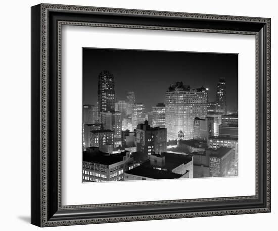 1954 Night Skyline Retail Business Area Detroit, Michigan-null-Framed Premium Photographic Print