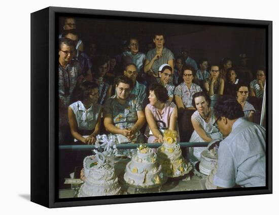 1955: a Man Demonstrates Cake Frosting Techniques at the Iowa State Fair, Des Moines, Iowa-John Dominis-Framed Premier Image Canvas