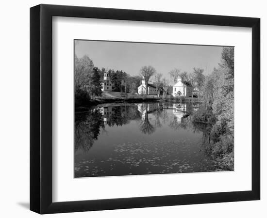 1960s-1950s Small Town White Public Buildings around Lake Spring Church School Town Hall-null-Framed Photographic Print