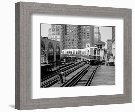 1960s-1970s Chicago, Public Transportation El Train Turning into the Loop on Wells Street-null-Framed Photographic Print