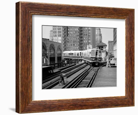 1960s-1970s Chicago, Public Transportation El Train Turning into the Loop on Wells Street-null-Framed Photographic Print