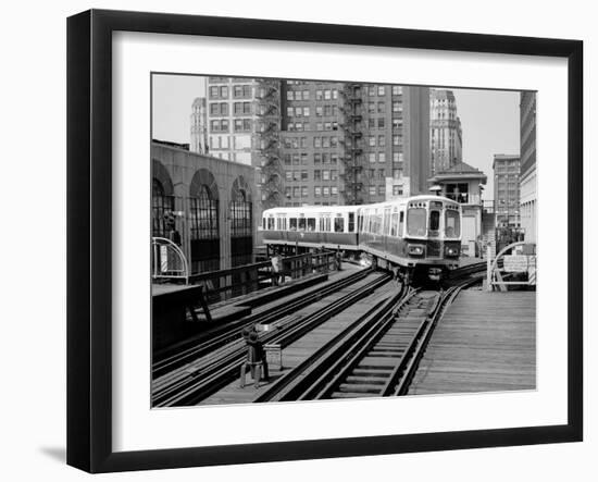 1960s-1970s Chicago, Public Transportation El Train Turning into the Loop on Wells Street-null-Framed Premium Photographic Print