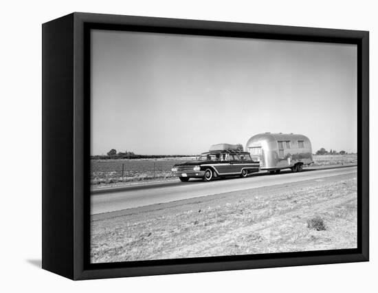 1960s-1970s Family Station Wagon and Camping Trailer Driving on Country Highway on Vacation-null-Framed Premier Image Canvas