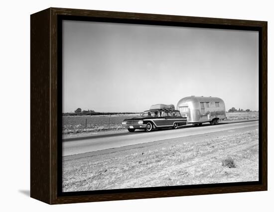 1960s-1970s Family Station Wagon and Camping Trailer Driving on Country Highway on Vacation-null-Framed Premier Image Canvas