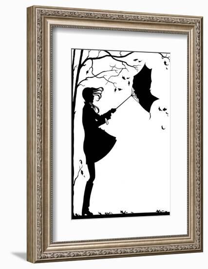 1960s 1970s TEEN GIRL WITH FLYING HAIR UMBRELLA TURNED INSIDE OUT RAINY VERY WINDY AUTUMN DAY SY...-H. Armstrong Roberts-Framed Photographic Print