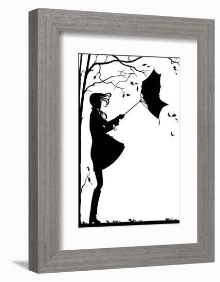 1960s 1970s TEEN GIRL WITH FLYING HAIR UMBRELLA TURNED INSIDE OUT RAINY VERY WINDY AUTUMN DAY SY...-H. Armstrong Roberts-Framed Photographic Print