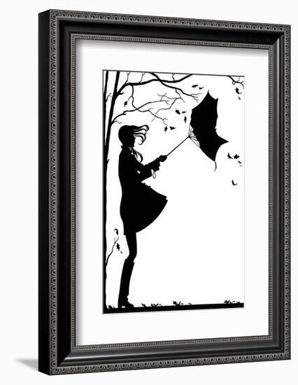 1960s 1970s TEEN GIRL WITH FLYING HAIR UMBRELLA TURNED INSIDE OUT RAINY VERY WINDY AUTUMN DAY SY...-H. Armstrong Roberts-Framed Photographic Print