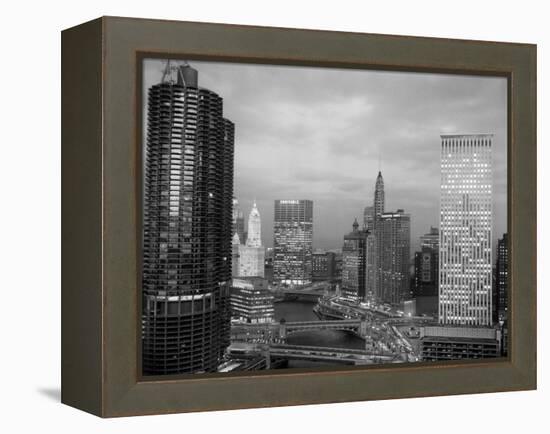 1960s Chicago, River Bridges and Downtown Skyline at Dusk Chicago,-null-Framed Premier Image Canvas