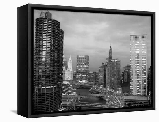 1960s Chicago, River Bridges and Downtown Skyline at Dusk Chicago,-null-Framed Premier Image Canvas