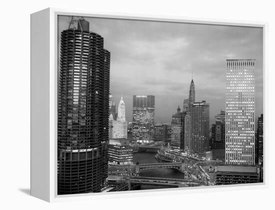 1960s Chicago, River Bridges and Downtown Skyline at Dusk Chicago,-null-Framed Premier Image Canvas