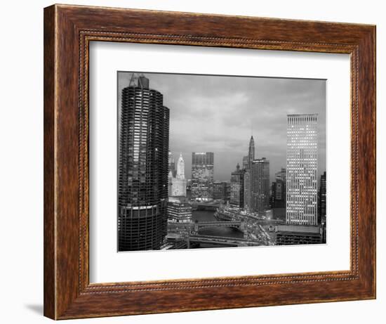 1960s Chicago, River Bridges and Downtown Skyline at Dusk Chicago,-null-Framed Photographic Print