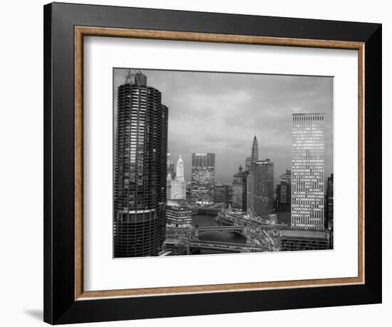 1960s Chicago, River Bridges and Downtown Skyline at Dusk Chicago,-null-Framed Photographic Print