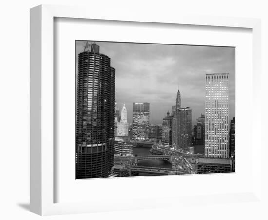 1960s Chicago, River Bridges and Downtown Skyline at Dusk Chicago,-null-Framed Photographic Print