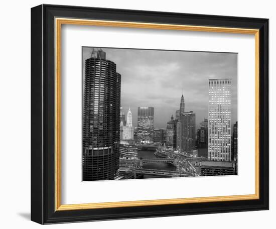 1960s Chicago, River Bridges and Downtown Skyline at Dusk Chicago,-null-Framed Photographic Print