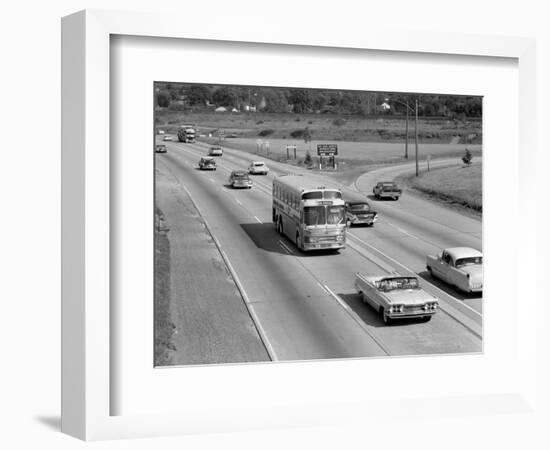 1960s Overhead of Busy Four Lane Undivided Highway with Convertible Car and Long Haul Passenger-null-Framed Photographic Print