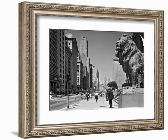 1960s People Pedestrians Street Scene Looking North Past Art Institute Lions Chicago,-null-Framed Photographic Print