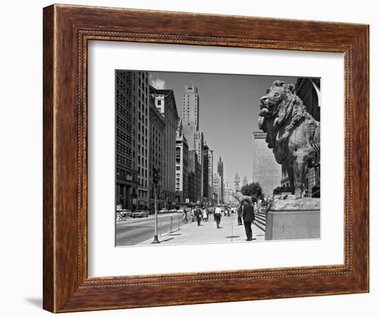 1960s People Pedestrians Street Scene Looking North Past Art Institute Lions Chicago,-null-Framed Photographic Print