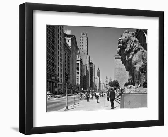 1960s People Pedestrians Street Scene Looking North Past Art Institute Lions Chicago,-null-Framed Photographic Print