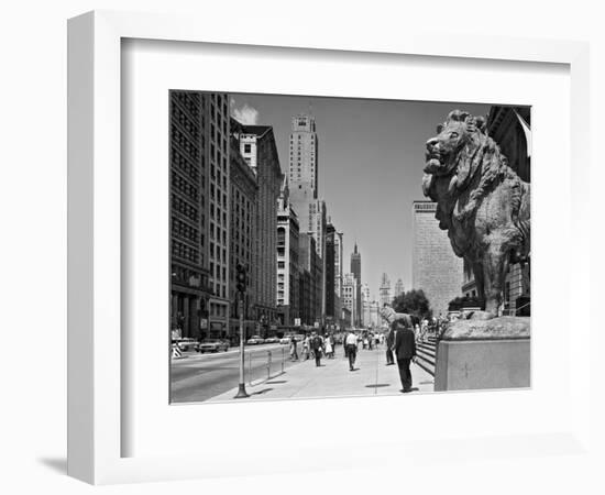 1960s People Pedestrians Street Scene Looking North Past Art Institute Lions Chicago,-null-Framed Photographic Print