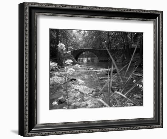 1970s Stream with Stone Bridge in Wooded Area-null-Framed Photographic Print