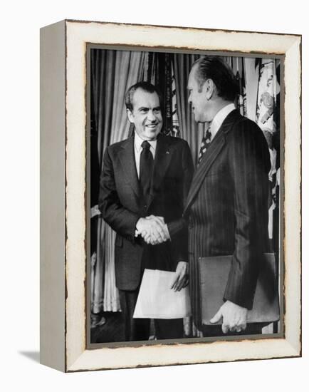 1973 US Presidency, President Richard Nixon Shakes Hands with New Vice President Gerald Ford, 1973-null-Framed Stretched Canvas