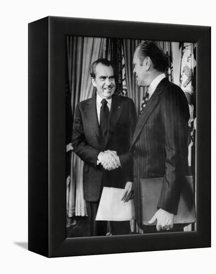 1973 US Presidency, President Richard Nixon Shakes Hands with New Vice President Gerald Ford, 1973-null-Framed Stretched Canvas