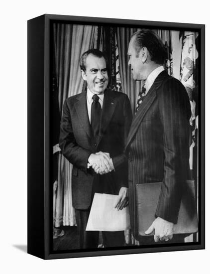 1973 US Presidency, President Richard Nixon Shakes Hands with New Vice President Gerald Ford, 1973-null-Framed Stretched Canvas