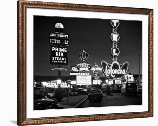 1980s Night Neon on the Strip for El Morocco La Concha Stardust Las Vegas,, Nevada-null-Framed Photographic Print