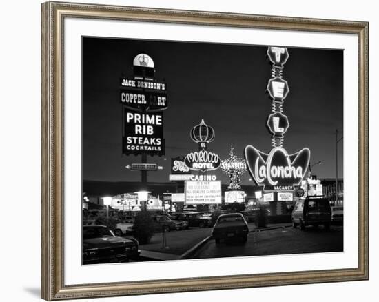 1980s Night Neon on the Strip for El Morocco La Concha Stardust Las Vegas,, Nevada-null-Framed Photographic Print