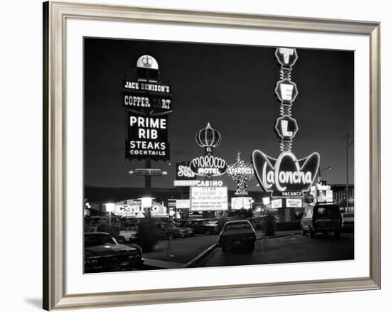 1980s Night Neon on the Strip for El Morocco La Concha Stardust Las Vegas,, Nevada-null-Framed Photographic Print