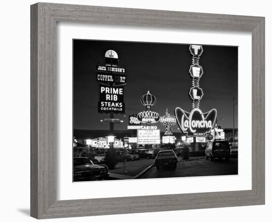 1980s Night Neon on the Strip for El Morocco La Concha Stardust Las Vegas,, Nevada-null-Framed Photographic Print