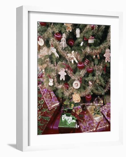 1980s WRAPPED PRESENTS UNDER TRADITIONAL CHRISTMAS TREE STILL LIFE-Panoramic Images-Framed Photographic Print