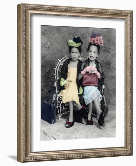 2 Girls Sitting on a Bench, with Hats and a Purse-Nora Hernandez-Framed Giclee Print