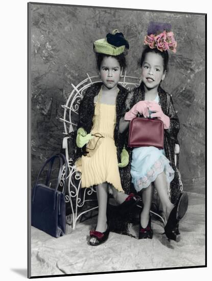2 Girls Sitting on a Bench, with Hats and a Purse-Nora Hernandez-Mounted Giclee Print