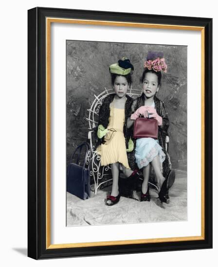 2 Girls Sitting on a Bench, with Hats and a Purse-Nora Hernandez-Framed Giclee Print