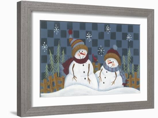 2 Snowmen Standing by a Fence and Trees with a Red Bird Between the Two-Beverly Johnston-Framed Giclee Print