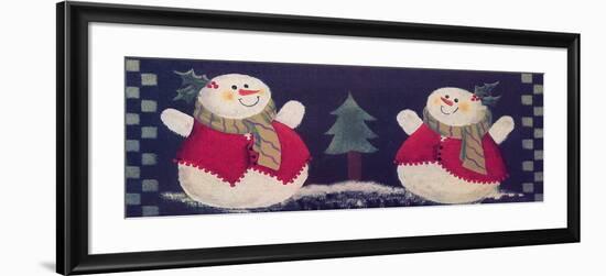 2 Snowmen with Tree Between Them with Checkered Border on Either Side-Beverly Johnston-Framed Giclee Print