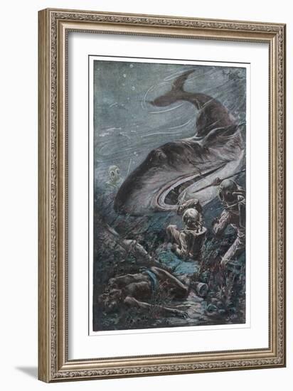 20,000 Leagues Under the Sea: Divers Attacked by a Shark-Henry Austin-Framed Art Print