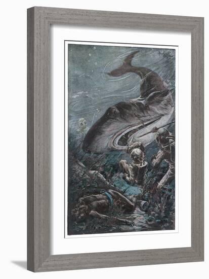 20,000 Leagues Under the Sea: Divers Attacked by a Shark-Henry Austin-Framed Art Print