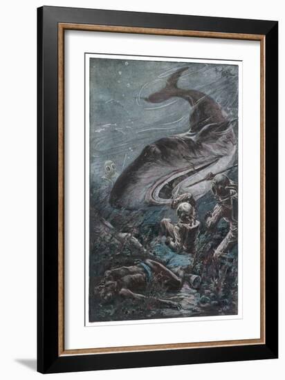 20,000 Leagues Under the Sea: Divers Attacked by a Shark-Henry Austin-Framed Art Print