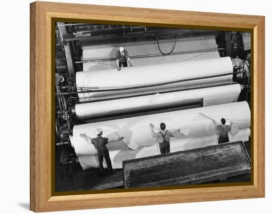 20 Ft. Roll of Finished Paper Arriving on the Rewinder, Ready to Be Cut and Shipped from Paper Mill-Margaret Bourke-White-Framed Premier Image Canvas