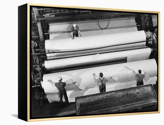 20 Ft. Roll of Finished Paper Arriving on the Rewinder, Ready to Be Cut and Shipped from Paper Mill-Margaret Bourke-White-Framed Premier Image Canvas