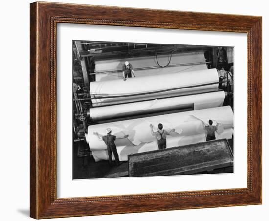 20 Ft. Roll of Finished Paper Arriving on the Rewinder, Ready to Be Cut and Shipped from Paper Mill-Margaret Bourke-White-Framed Photographic Print