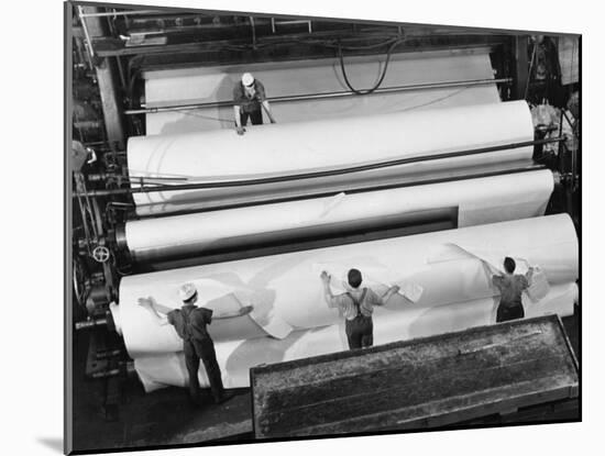 20 Ft. Roll of Finished Paper Arriving on the Rewinder, Ready to Be Cut and Shipped from Paper Mill-Margaret Bourke-White-Mounted Photographic Print